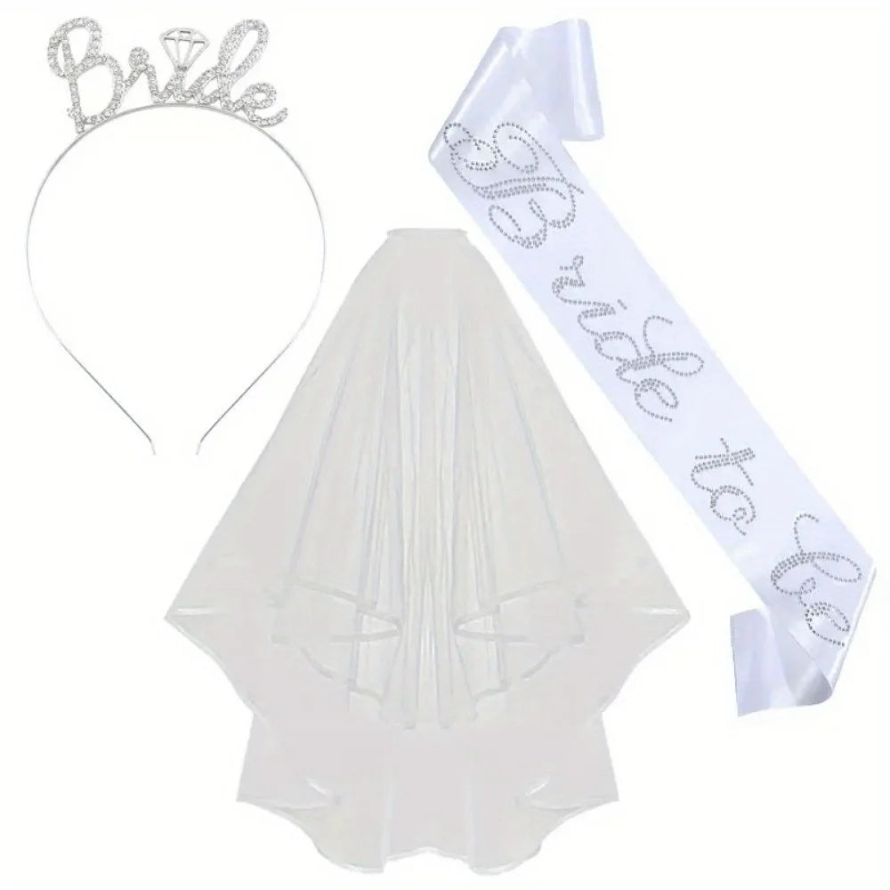 3 Pcs White Bachelorette Party Decorations Bridal Shower Crown Bride to Be Sash&Veil for Women Bachelorette Party Gifts