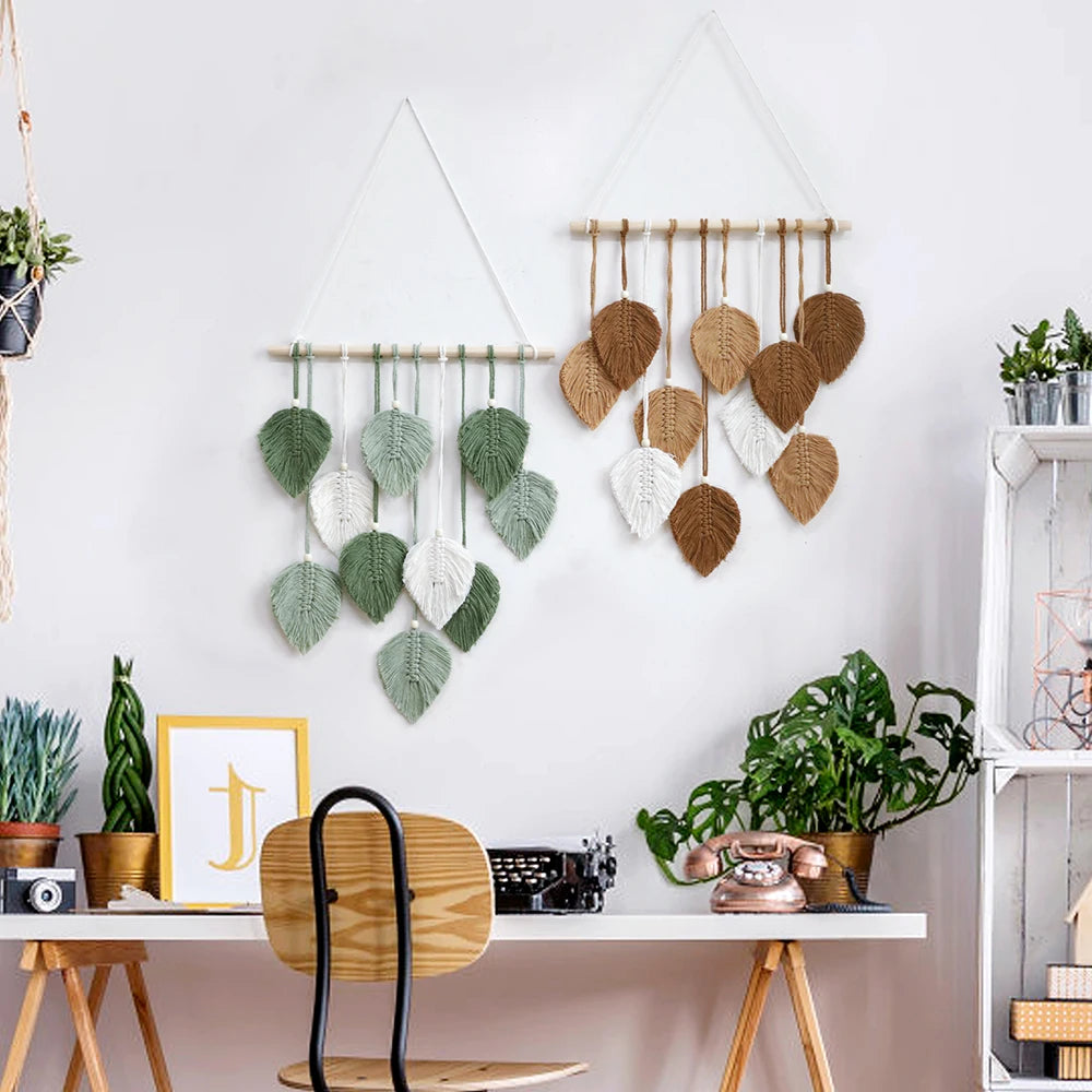 Boho Leaf Macrame Tapestry Woven Wall Hanging Tapestry Home Wall Decor Wood Bead Crafts Bedroom Living Room Decor Aesthetic Gift