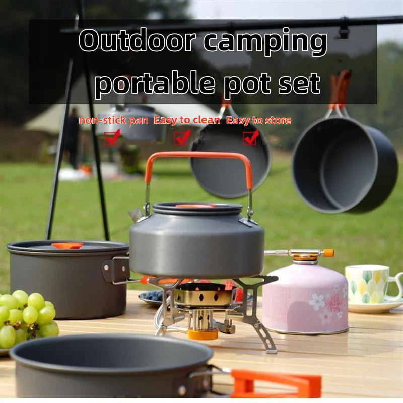 Outdoor Camping Cooking Set for 2-3 People Portable Folding Pot and Kettle Combo Camping Tableware Hiking Backpacking Gear