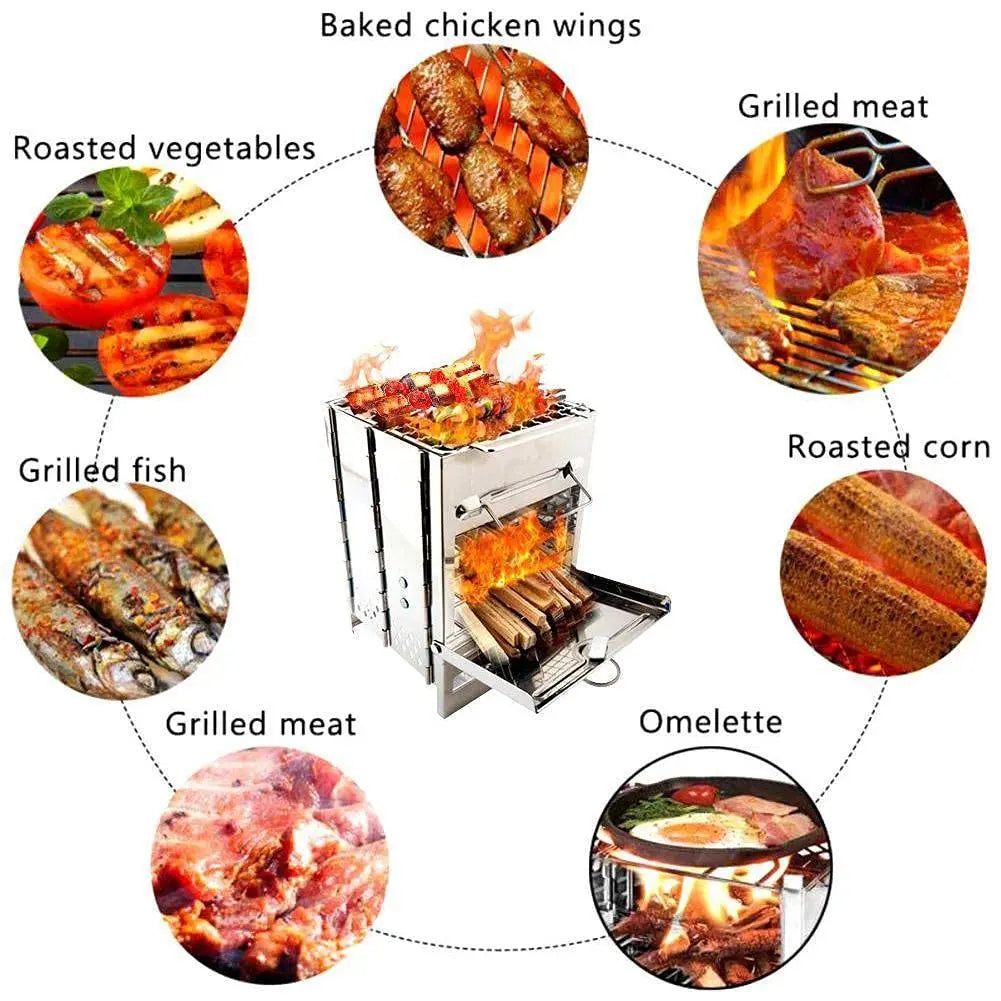 Portable Camping Wood Burning Stove Folding Camp Stove Stainless Steel Campfire Stove for Outdoor Cooking Picnic Hiking BB