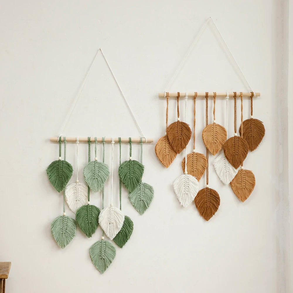 Boho Leaf Macrame Tapestry Woven Wall Hanging Tapestry Home Wall Decor Wood Bead Crafts Bedroom Living Room Decor Aesthetic Gift