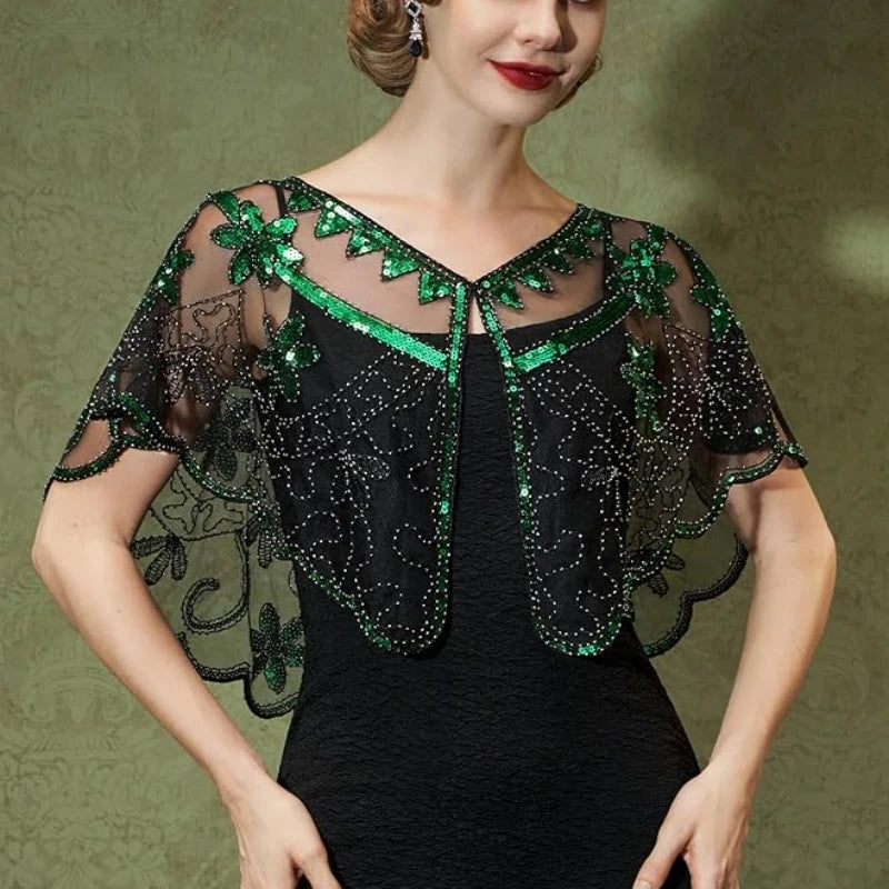 1920s Sequin Flapper Shawl Vintage Thin Breathable Shiny Cape Elegant Style Outside Short Cloak For Women Banquet