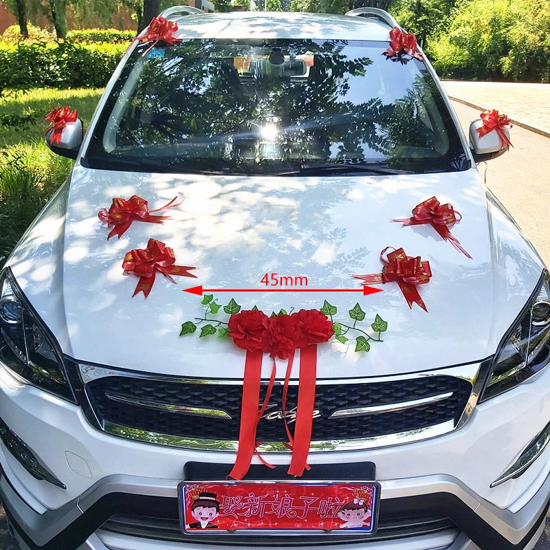 1Set Wedding Car Decoration Artificial Flower Pull Flowers Cover Door Handle Ribbons Silk Flower Party Festival Supplies