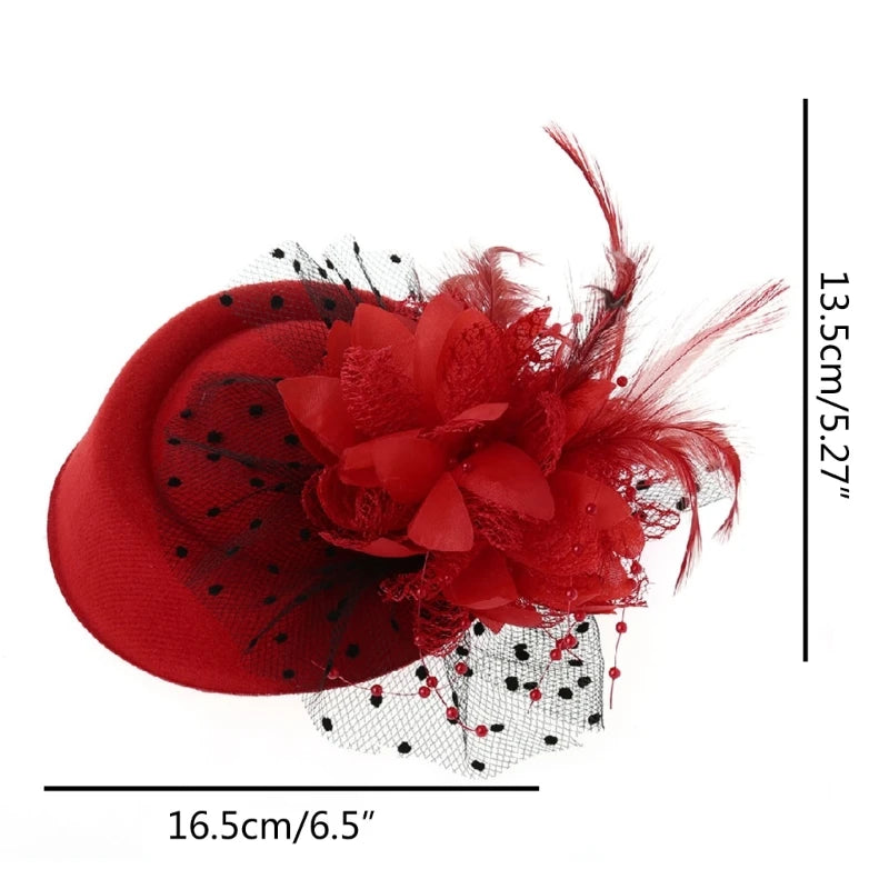 A52E Womens Fascinator Hat Topper Mesh Veil Flower Feather Pearl Beaded Decor Hair Clips Wedding Bridal Cocktail Headwear