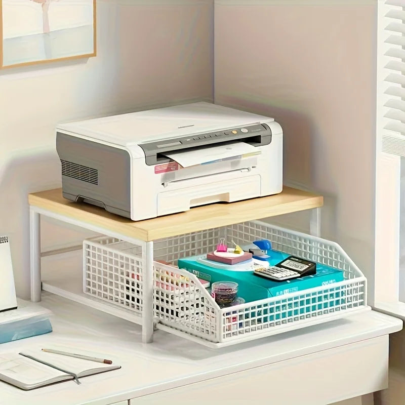 Kitchen Countertop Organizer with Drawer & Wire Basket - Sturdy Hardwood & Metal 2-Tier Storage Shelf for Coffee Maker, Utensils