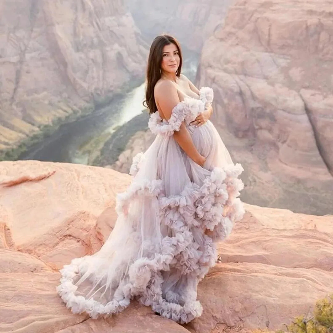 Sexy Maternity Star Dresses Ruffles Tulle Pregnant Photo Gowns for Photoshoot Baby Shower 3D Floral Off the Shoulder Robes
