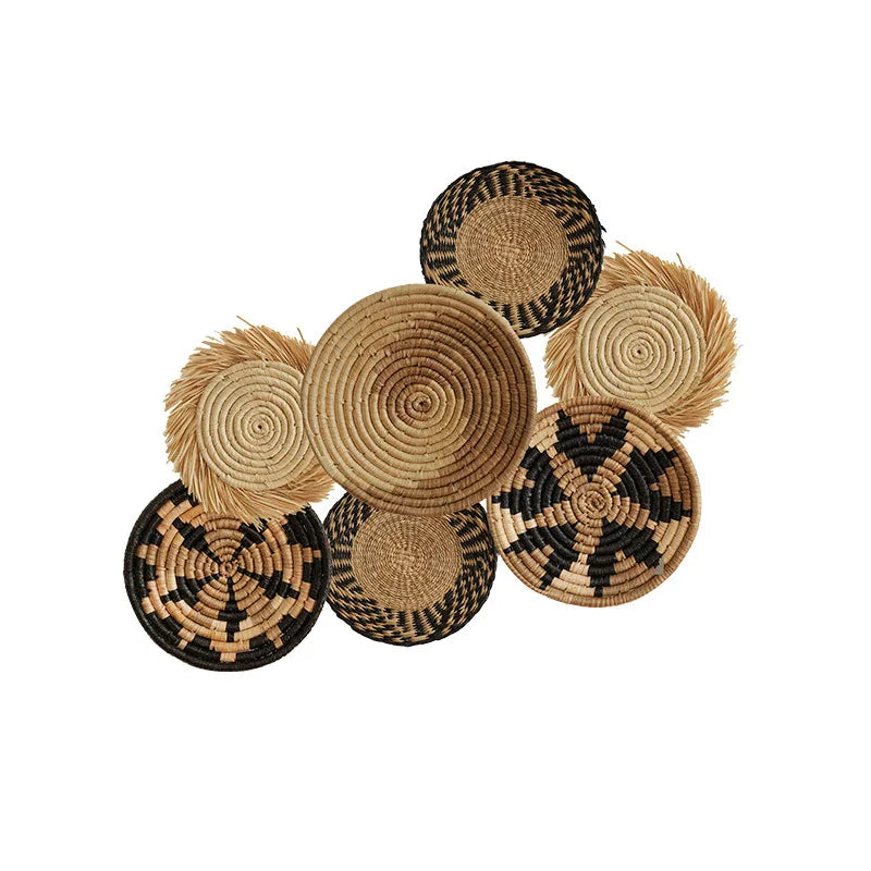 Boho Chic Handcrafted Seagrass Wall Baskets, Rattan Woven Round Bohemian Decor for Home,Farmhouse-Featherless,Versatile Use