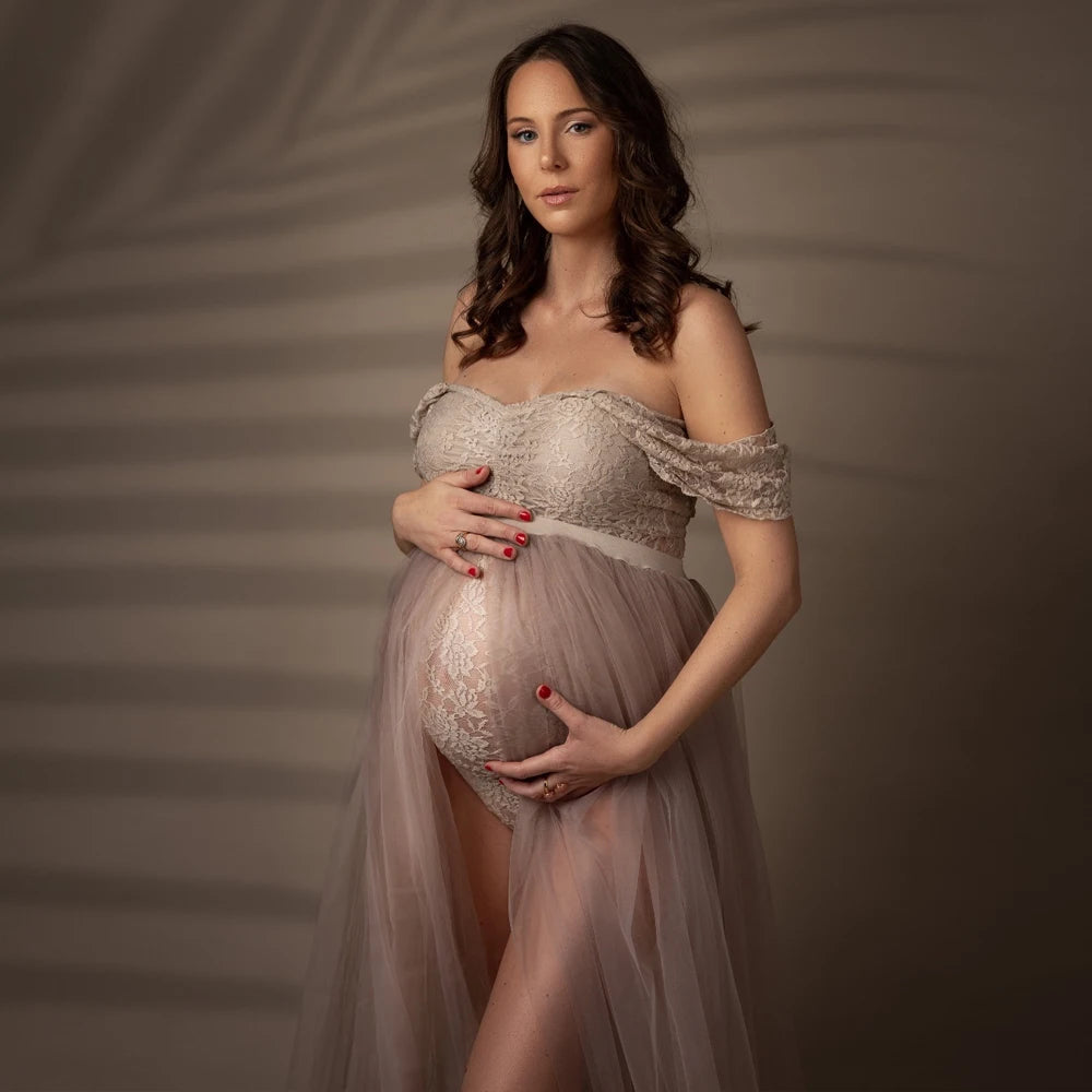 Maternity Photography Dresses Pregnancy Lace Bodysuit  Tulle Long Sides Slit With Flying Dress Pregnant Woman Photo Shoot Outfit