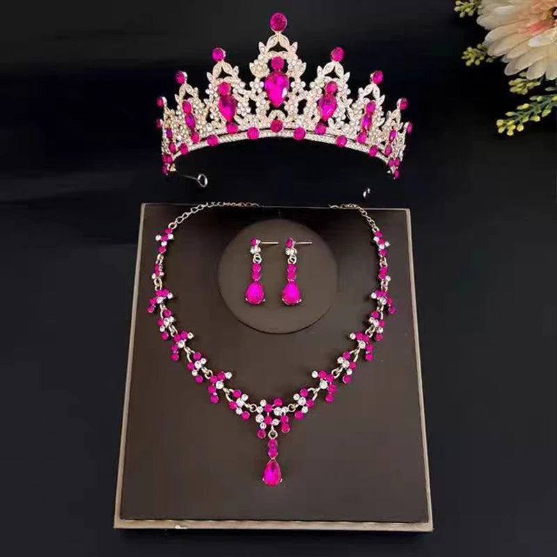 3pcs set Bridal Bride Crystal Tiaras Crowns Earrings Necklace Jewelry Set Rhinestone Wedding Hair Accessories for Women