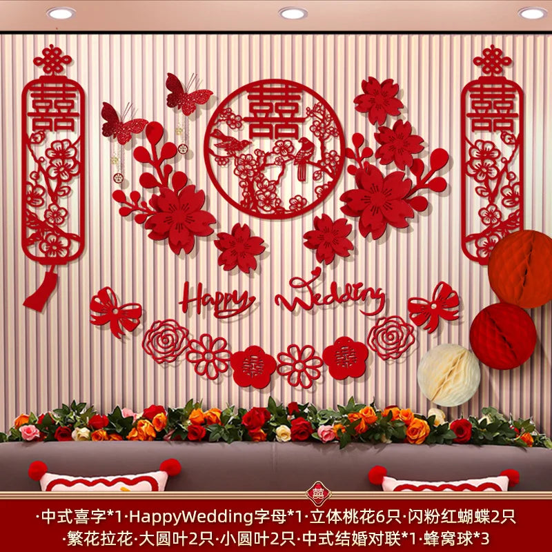 Chinese Wedding Decoration Wall Double Happiness Background Ornament Traditional Wedding Wall Stickers Supplies