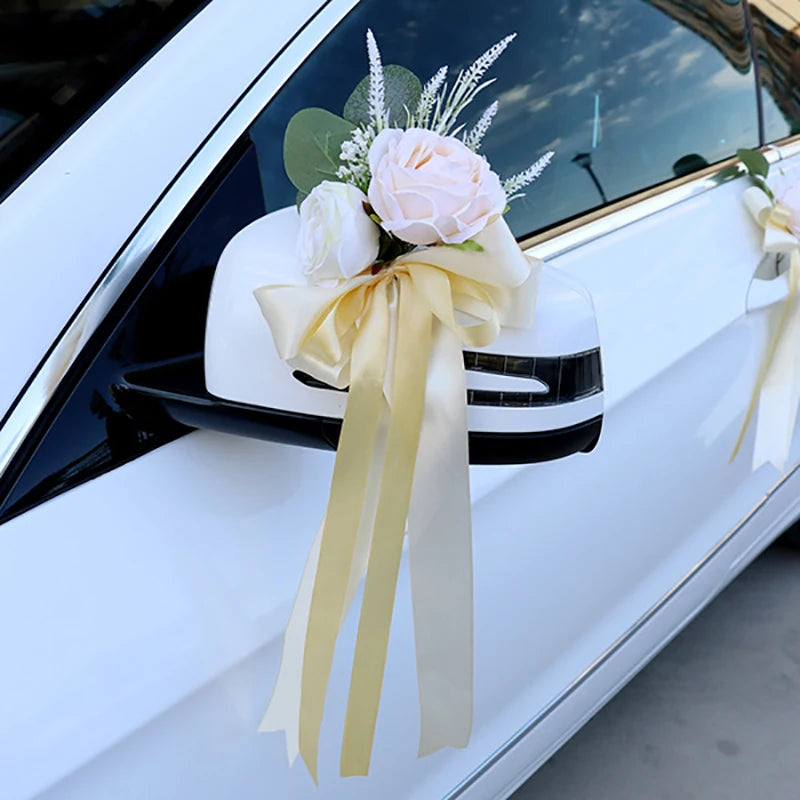 Creative Artificial Flower Wedding Car Decor Flower Door Handles Rearview Mirror Decoration Accessories Marriage Props Gifts