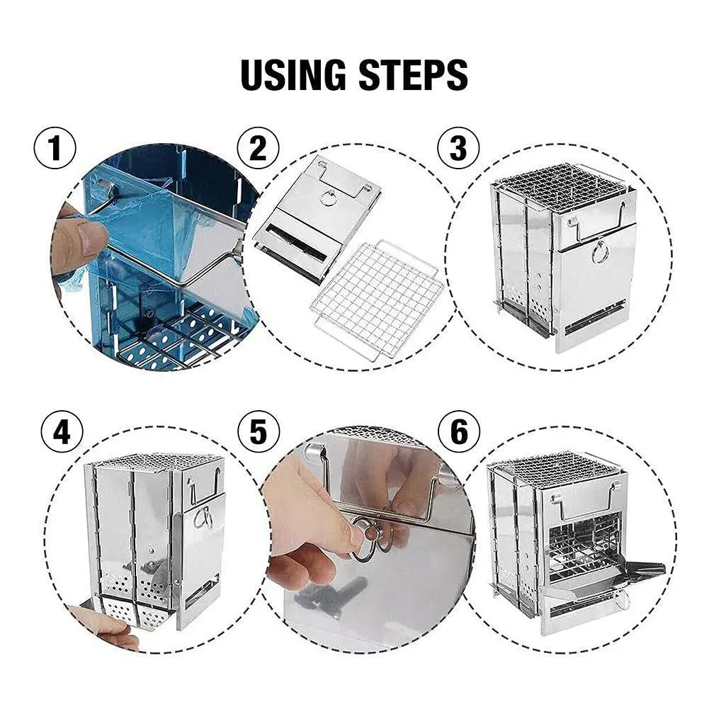 Portable Camping Wood Burning Stove Folding Camp Stove Stainless Steel Campfire Stove for Outdoor Cooking Picnic Hiking BB