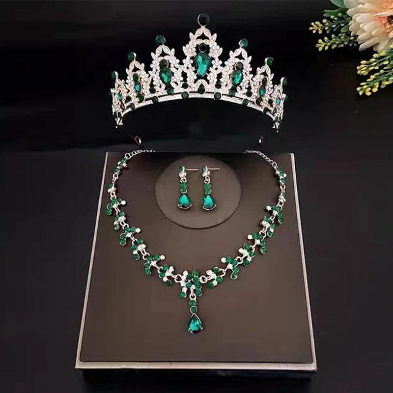 3pcs set Bridal Bride Crystal Tiaras Crowns Earrings Necklace Jewelry Set Rhinestone Wedding Hair Accessories for Women