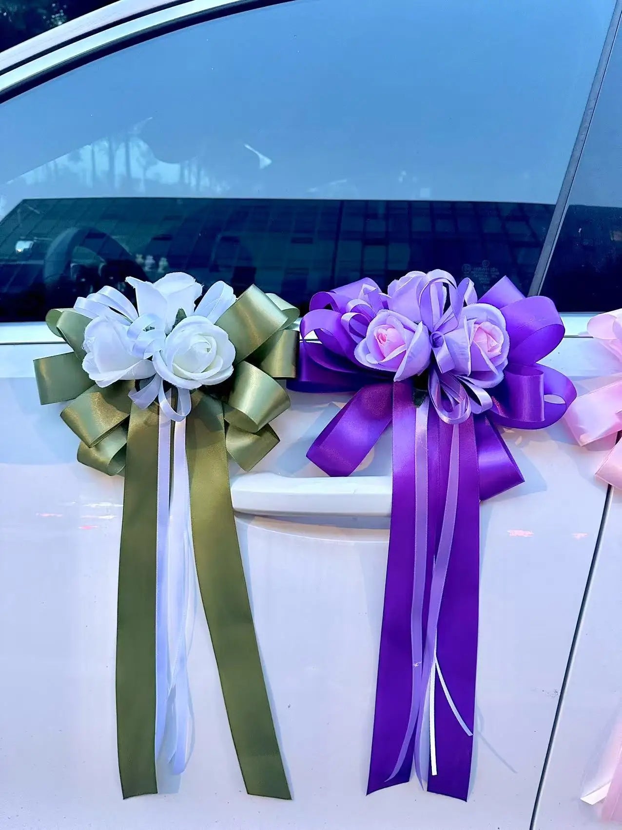 Yannew 4pcs Wedding Car Rearview Mirror Flowers with Ribbon Bow Tie Just Married Auto Door Handle Decoration Aisle Rose Flower