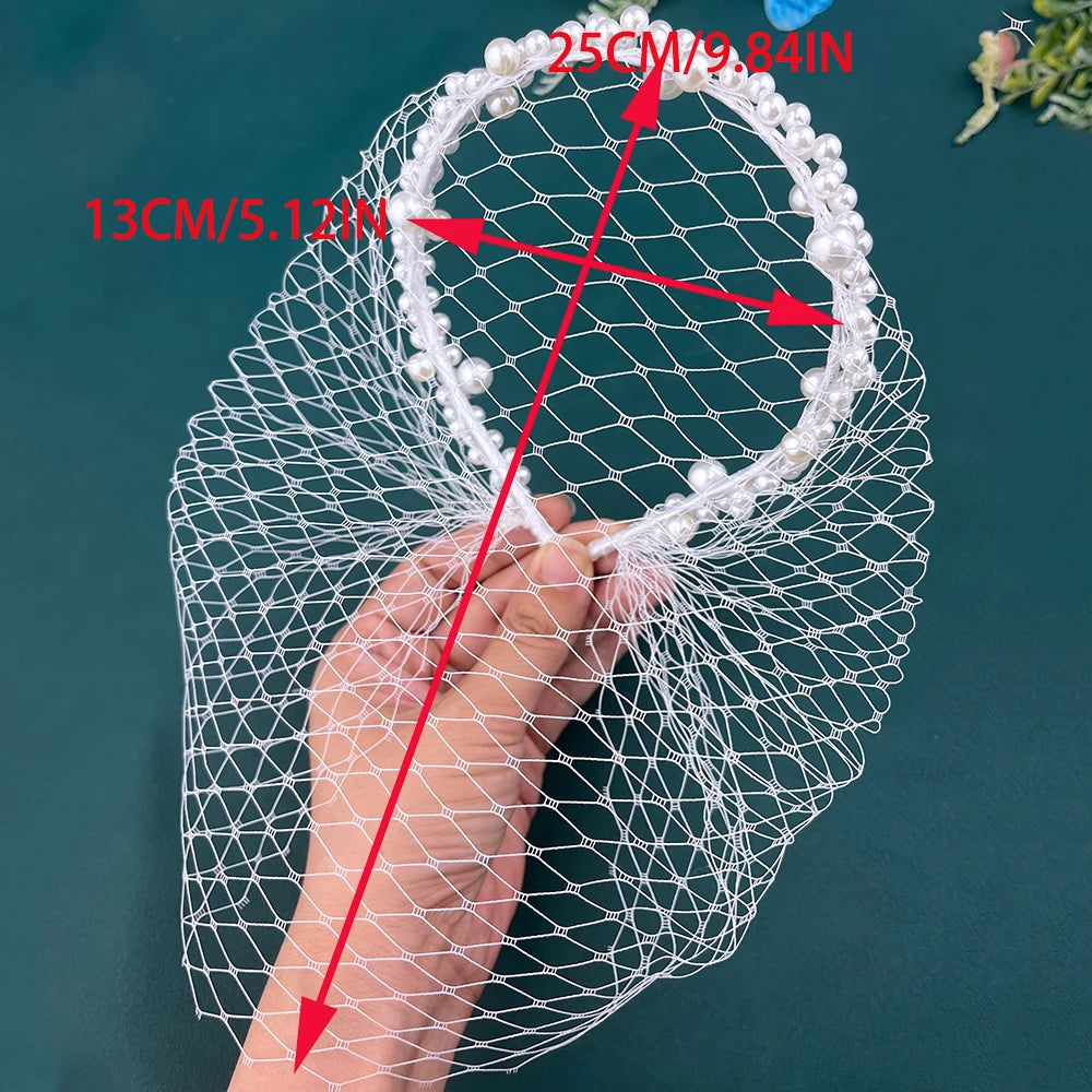 JM26 Tulle Cage Veil with Pearls Wedding Birdcage Veil with Headband Face Cover Bride Headdress Wedding Accessories Mariage