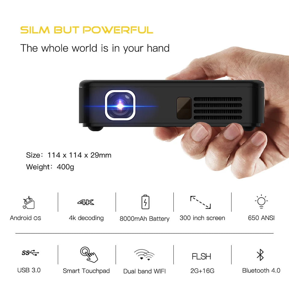 WZATCO D13 Android Mini Pocket Projector 4K Smart Pico DLP Portable LED WIFI Built-in Battery Home Theater Beamer Proyector
