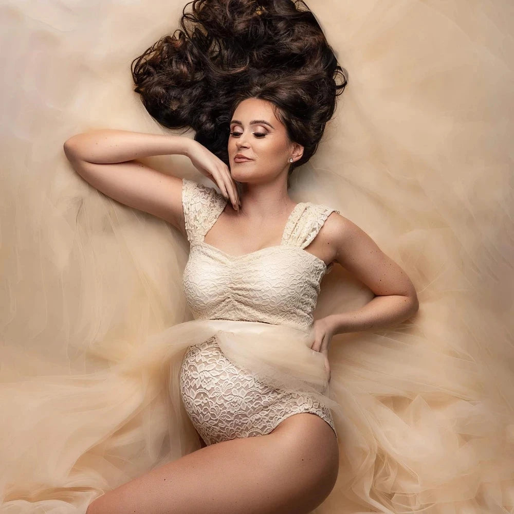 Maternity Photography Dresses Pregnancy Lace Bodysuit  Tulle Long Sides Slit With Flying Dress Pregnant Woman Photo Shoot Outfit
