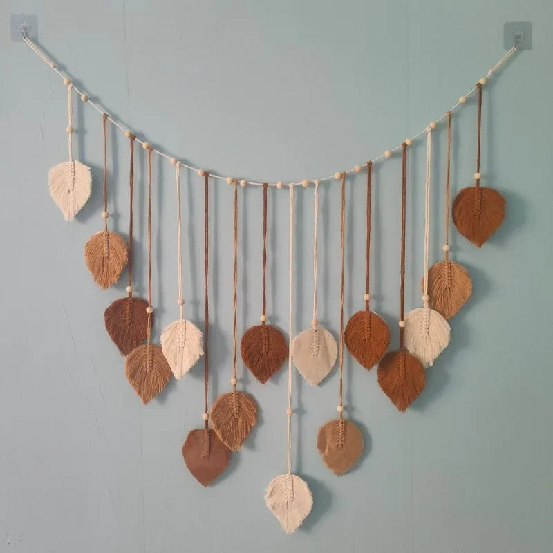 Boho Home Decoration, Macrame Tapestry Macrame Leaf Feather Wall Hanging Decor for Living Room Bedroom, Boho Wall Art Home Decor