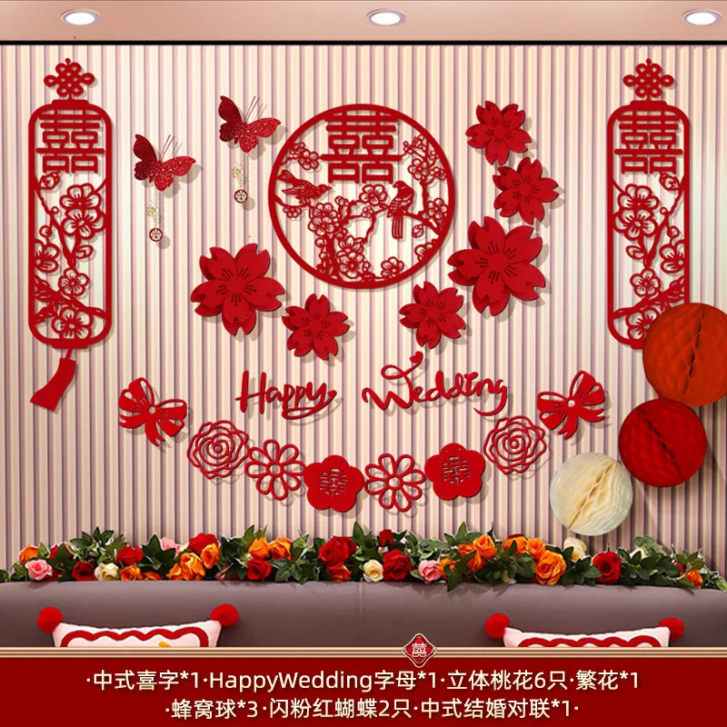Chinese Wedding Decoration Wall Double Happiness Background Ornament Traditional Wedding Wall Stickers Supplies