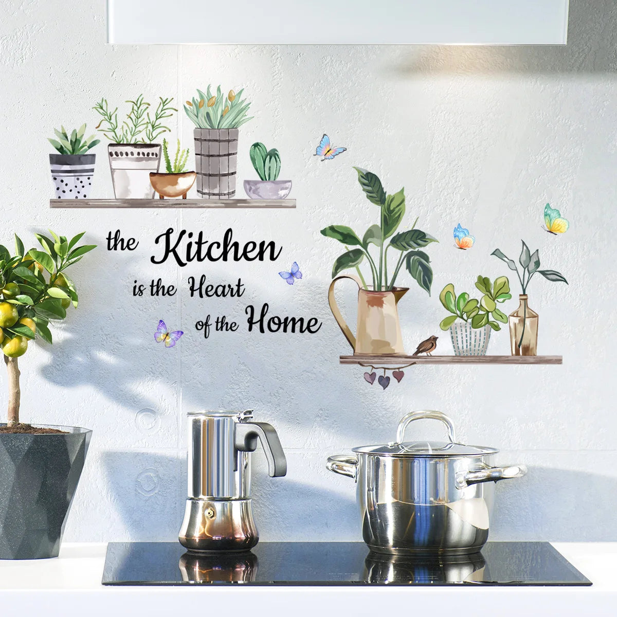 Kitchen Green Plants Cooking Art Butterfly Flower Kitchen Quotes Wall Stickers Art Home Decorations Wall Decals