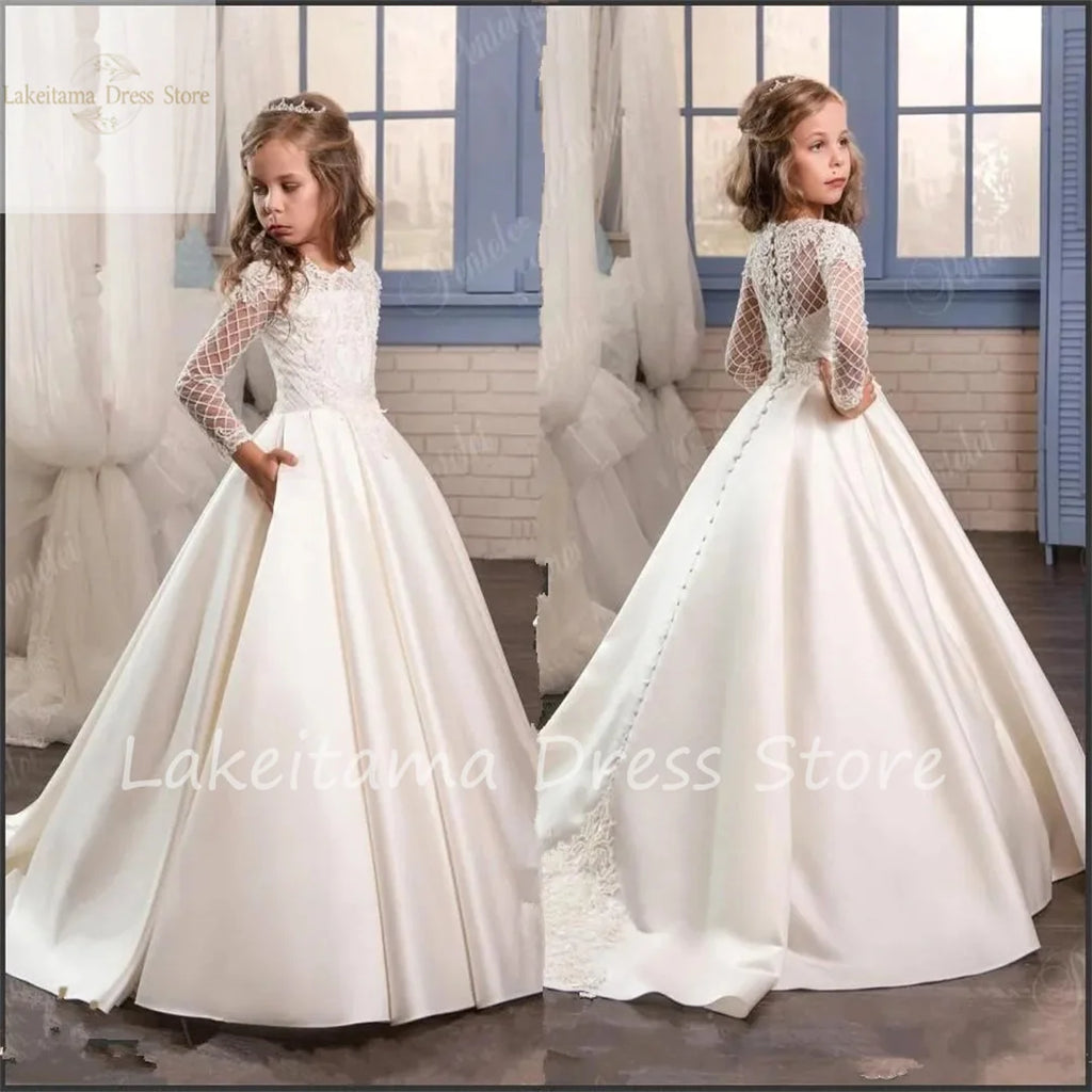 Wedding Dress Flower Girl Dresses Kids Satin Sashes Bow Simple Organza Cap Sleeves Girls Princess Evening Dress