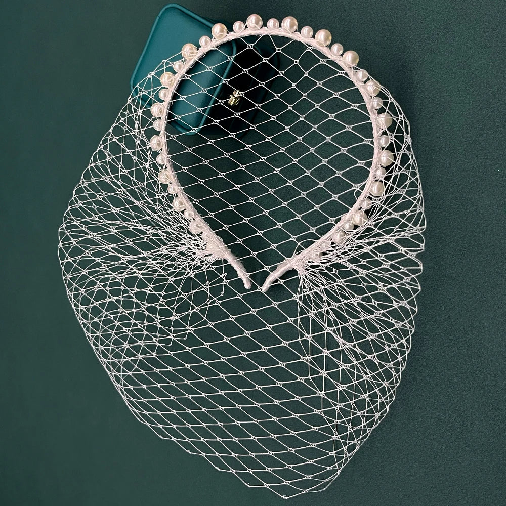 JM26 Tulle Cage Veil with Pearls Wedding Birdcage Veil with Headband Face Cover Bride Headdress Wedding Accessories Mariage