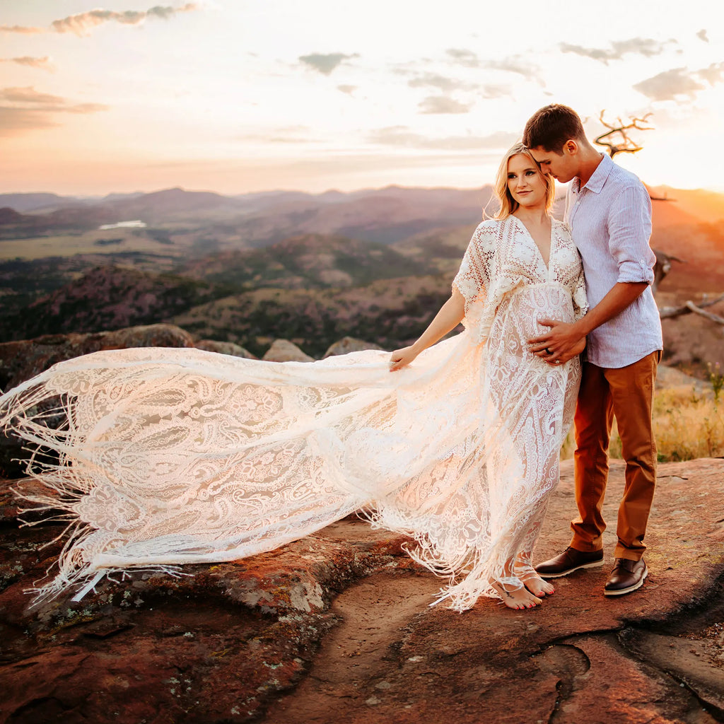 Don&Judy Maternity Dress Boho Photo shoot Maxi Long Sleeve Wedding Party Evening Ivory Gown for Bride Pregnant Women Photography