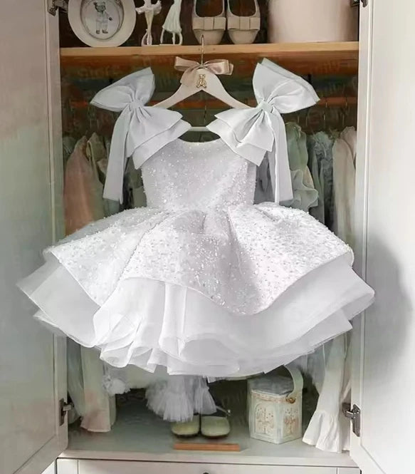 Customized Pink Flower Girl Dresses For Wedding Sequins With Bow Knee Length Cute Princess Birthday Party First Communion Gown