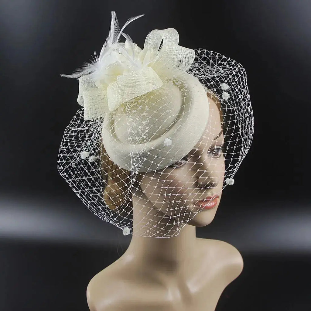 French Style Audrey Hepburn Elegant Small Veil Hat with Pearl and Feather Luxury Wedding Party Bridal Cocktail Event Fascinator