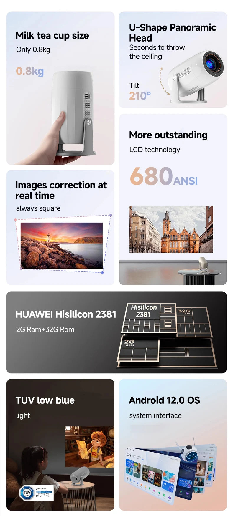 Lenovo Portable 4K Projector 100M Android 12 WIFI 6 TOF No-Sense Auto Focus Outdoor Full HD Projector Video Movie Home Theater