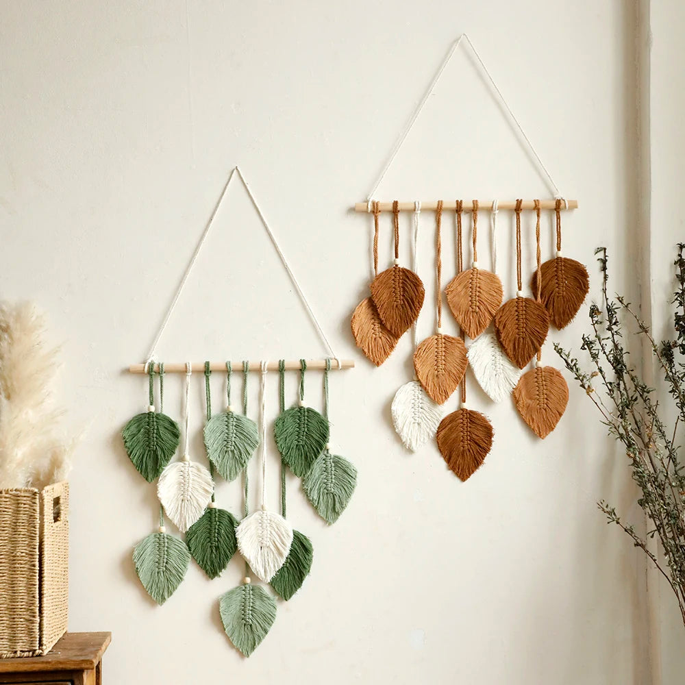 Boho Leaf Macrame Tapestry Woven Wall Hanging Tapestry Home Wall Decor Wood Bead Crafts Bedroom Living Room Decor Aesthetic Gift