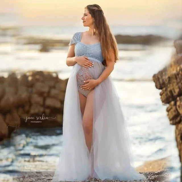 Maternity Photography Dresses Pregnancy Lace Bodysuit  Tulle Long Sides Slit With Flying Dress Pregnant Woman Photo Shoot Outfit