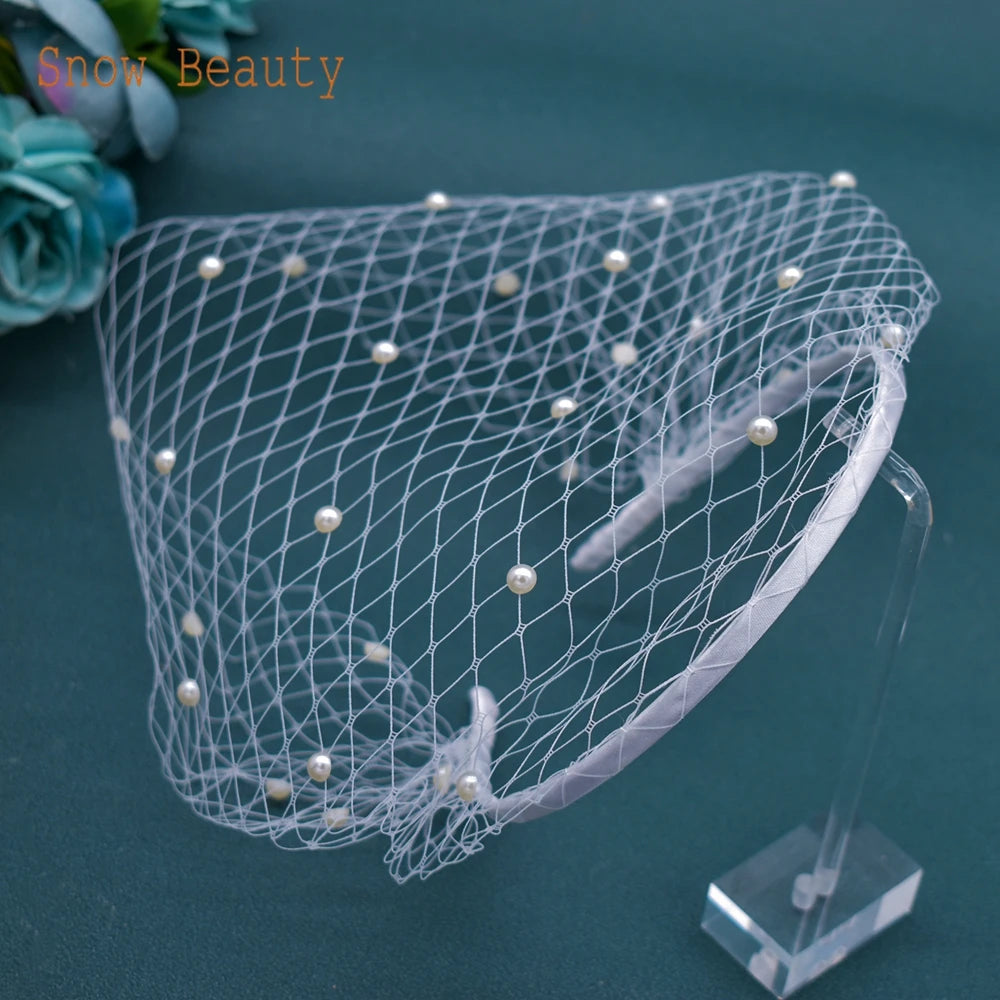 JM20 Pearl Veil for Face Women's Hat for Wedding Bride Headwear Bridal Fascinator Hair Ornament Birdcage Veil Pearl Headpiece