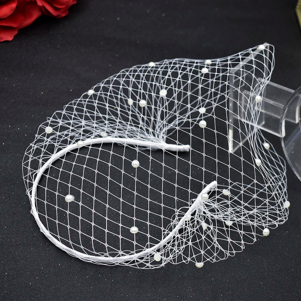 JM20 Pearl Veil for Face Women's Hat for Wedding Bride Headwear Bridal Fascinator Hair Ornament Birdcage Veil Pearl Headpiece