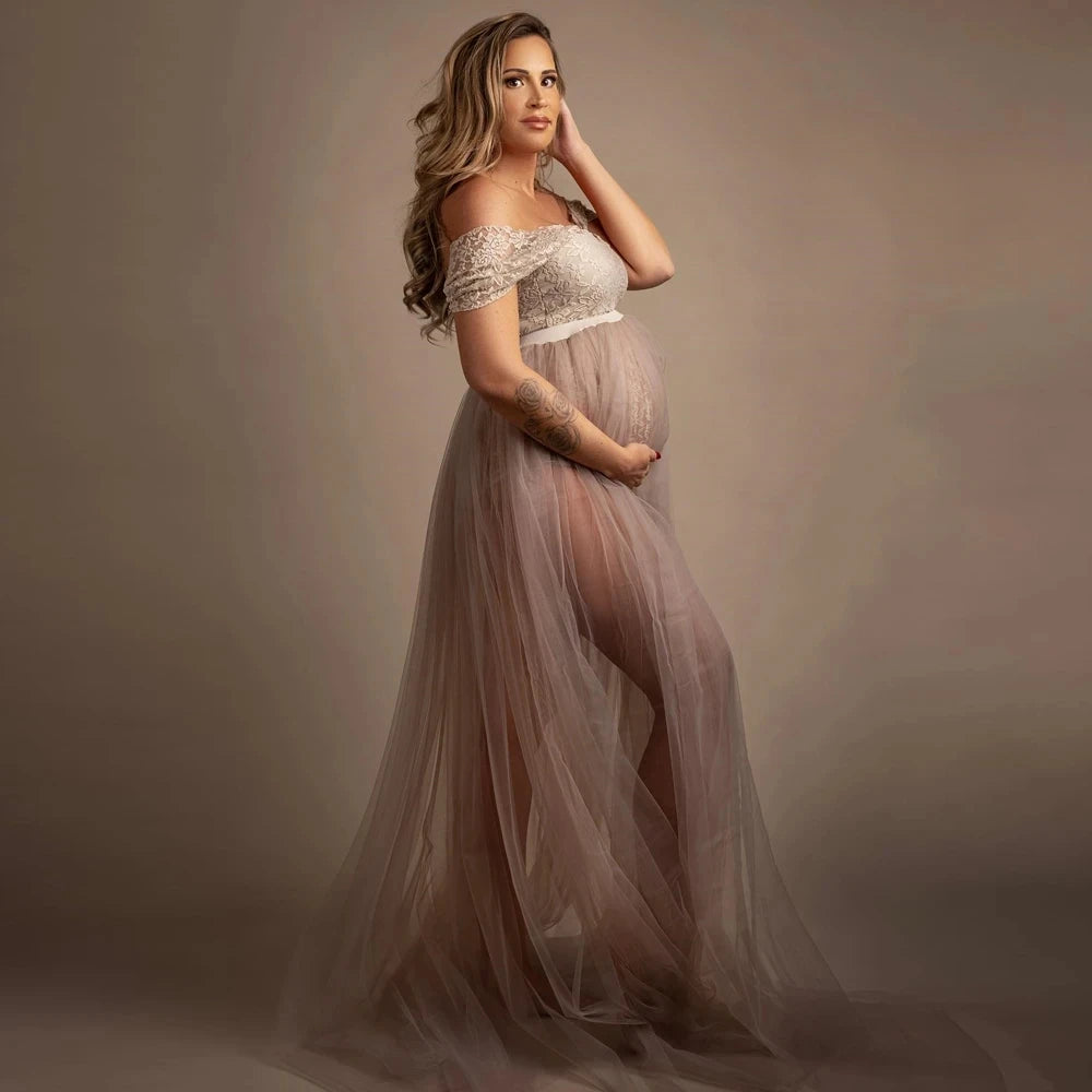 Maternity Photography Dresses Pregnancy Lace Bodysuit  Tulle Long Sides Slit With Flying Dress Pregnant Woman Photo Shoot Outfit