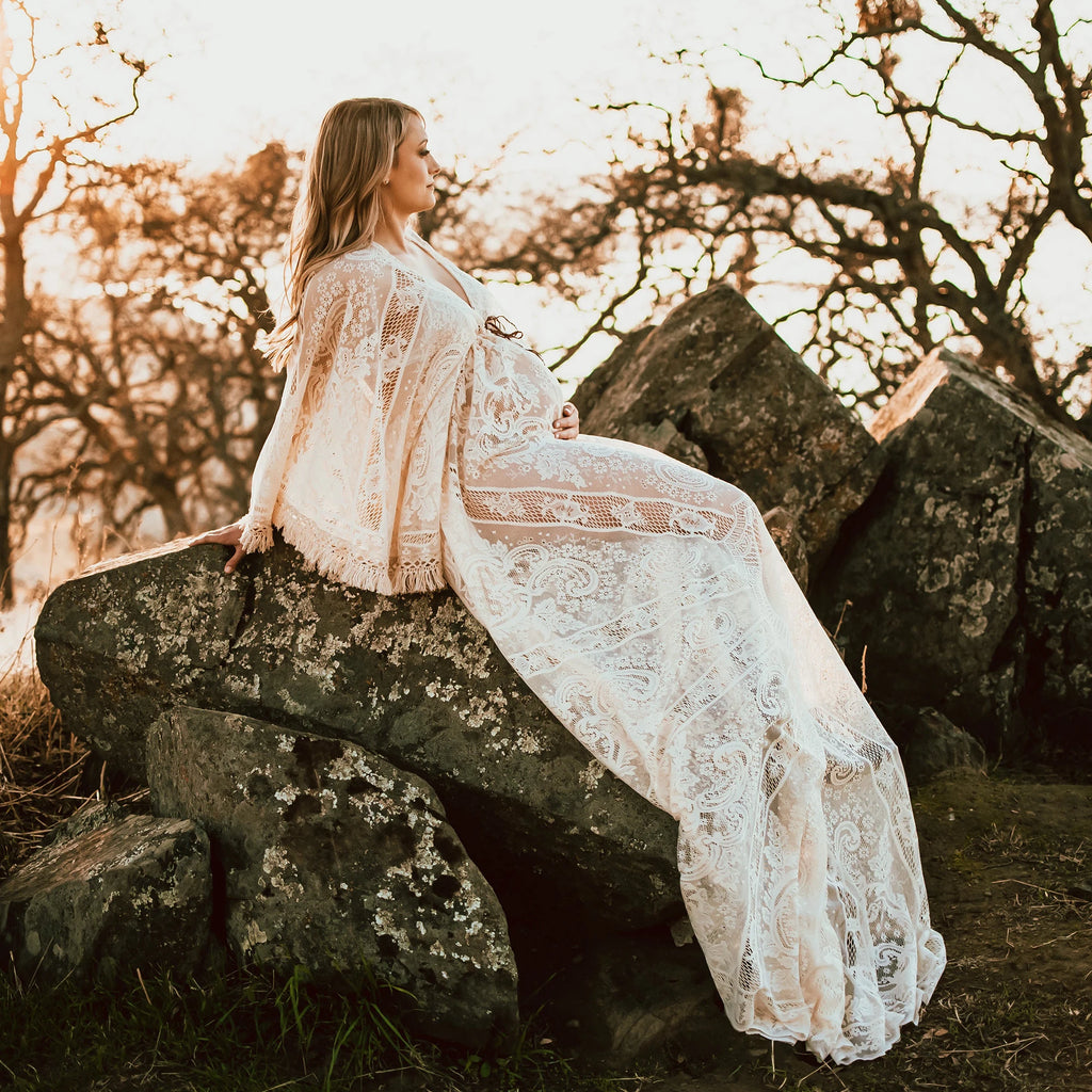 Don&Judy Maternity Dress Boho Photo shoot Maxi Long Sleeve Wedding Party Evening Ivory Gown for Bride Pregnant Women Photography