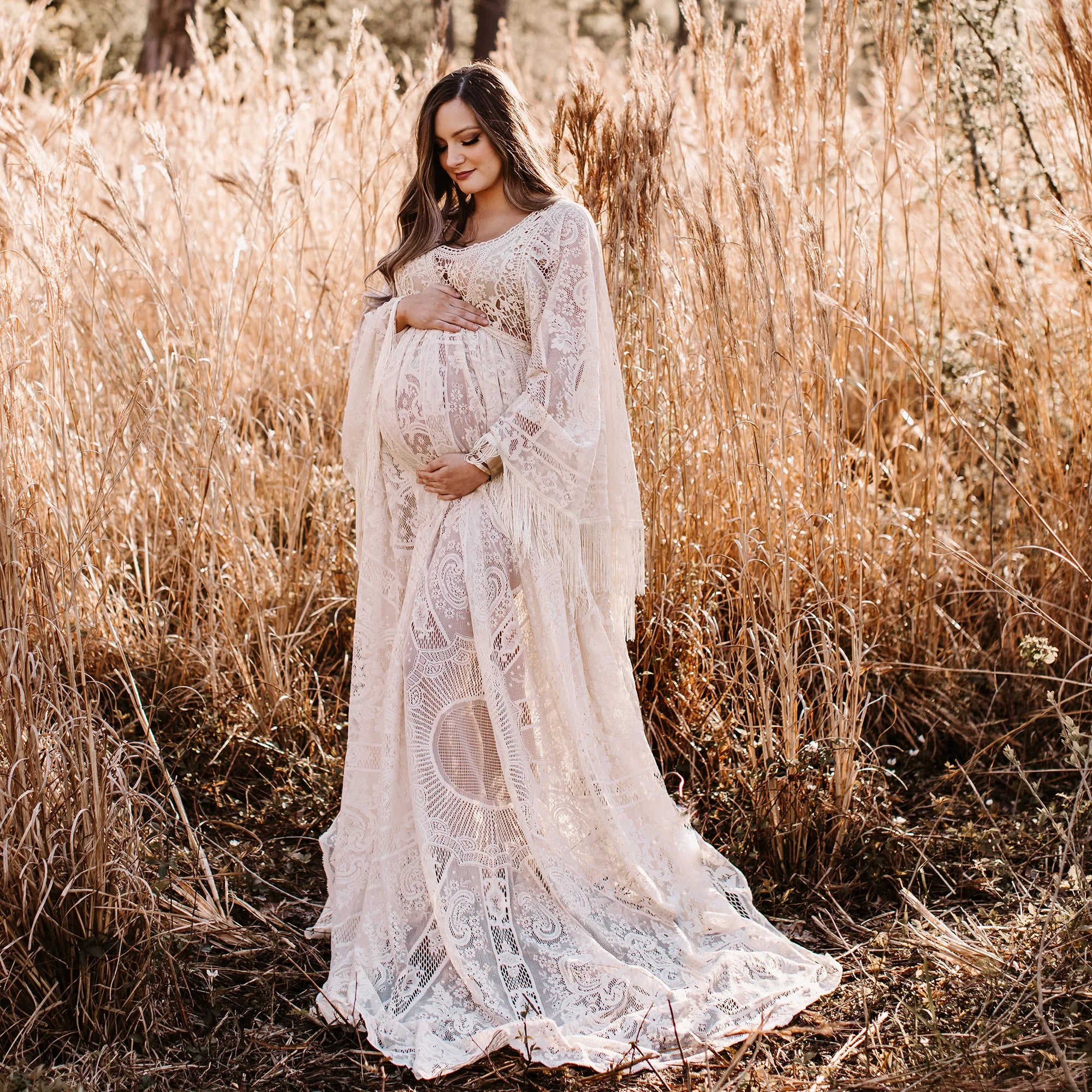 Don&Judy Maternity Dress Boho Photo shoot Maxi Long Sleeve Wedding Party Evening Ivory Gown for Bride Pregnant Women Photography