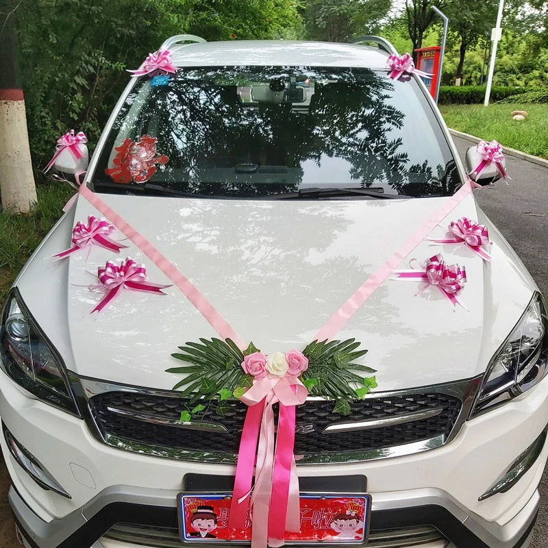 1Set Wedding Car Decoration Artificial Flower Pull Flowers Cover Door Handle Ribbons Silk Flower Party Festival Supplies