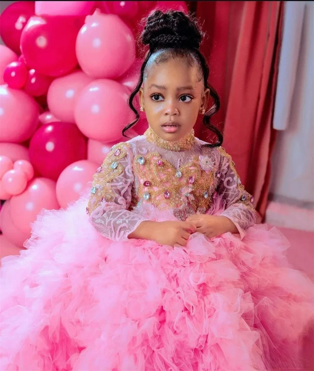 Customized Flower Girl Dress Pink for Wedding Beading Princess First Communion Wedding Prom Party Event Formal Attire