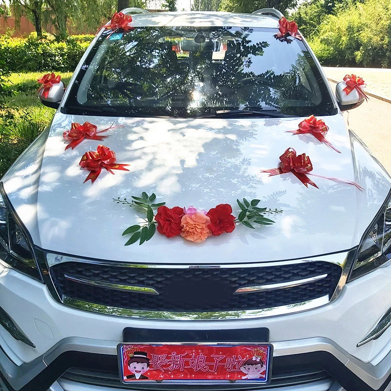 1Set Wedding Car Decoration Artificial Flower Pull Flowers Cover Door Handle Ribbons Silk Flower Party Festival Supplies