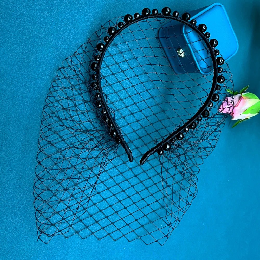 JM26 Tulle Cage Veil with Pearls Wedding Birdcage Veil with Headband Face Cover Bride Headdress Wedding Accessories Mariage