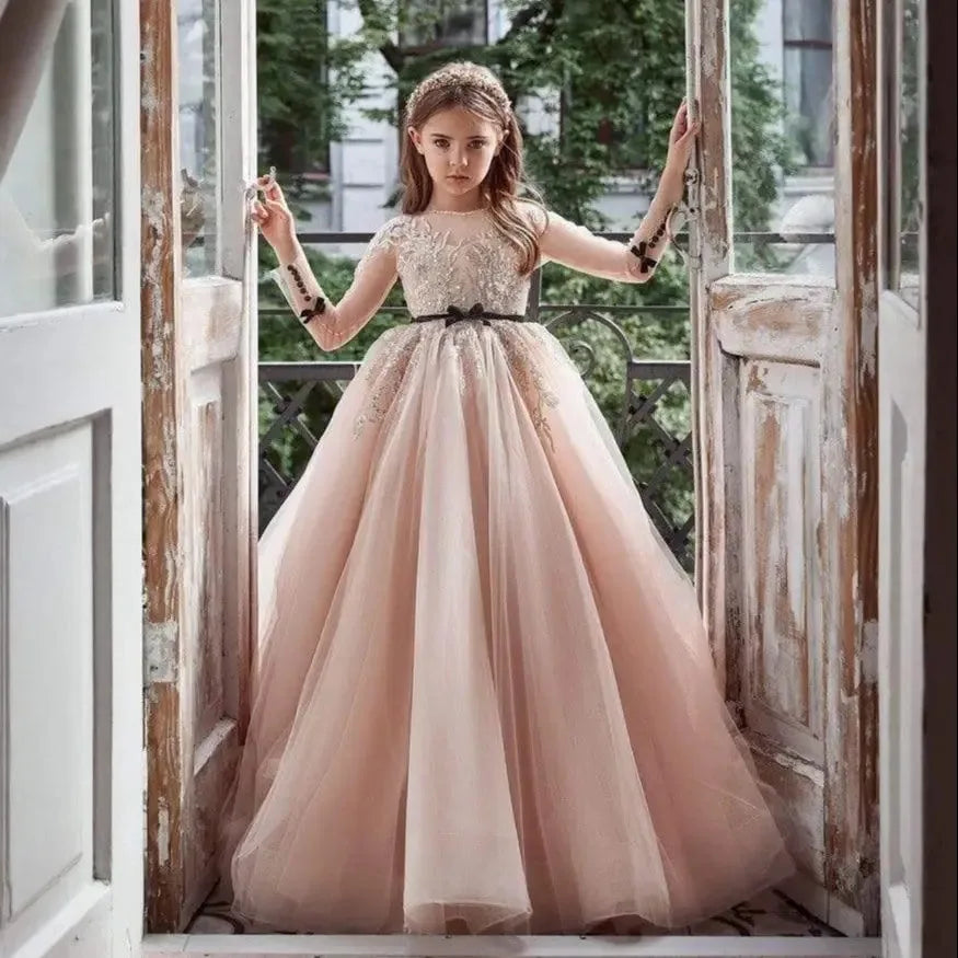 Pink Flower Girl Dresses for Wedding Full Sleeves Lace Appliques Girl Gown for Photoshoot First Communion Gowns Customized