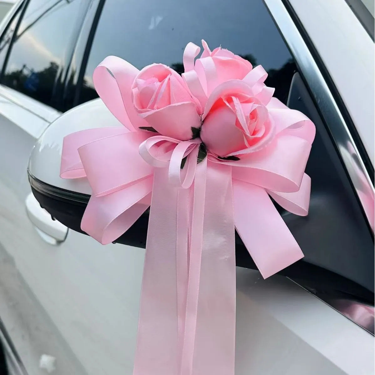 Yannew 4pcs Wedding Car Rearview Mirror Flowers with Ribbon Bow Tie Just Married Auto Door Handle Decoration Aisle Rose Flower