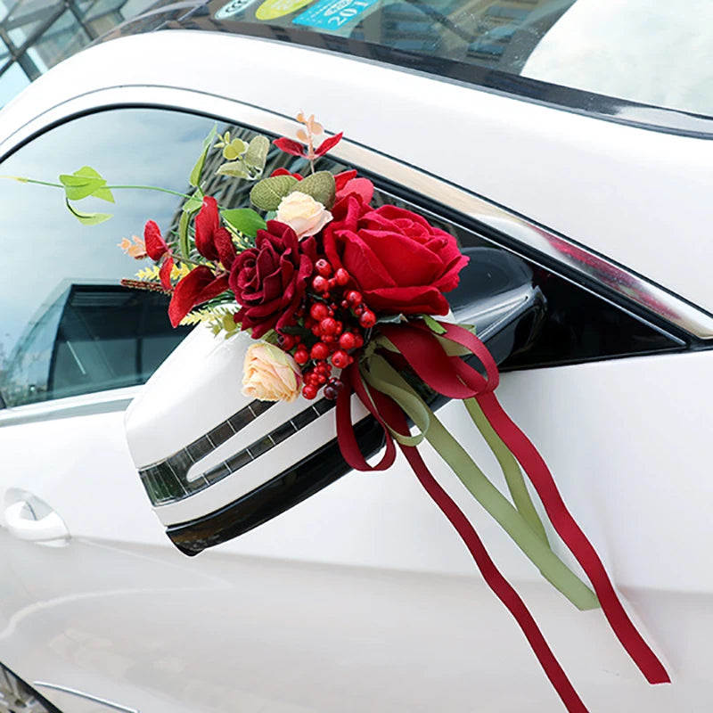 1pc Creative Wedding Car Decoration Flower Door Handles Rearview Mirror Decorate Artificial Flower Accessories Marriage Props