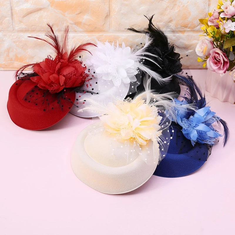 A52E Womens Fascinator Hat Topper Mesh Veil Flower Feather Pearl Beaded Decor Hair Clips Wedding Bridal Cocktail Headwear
