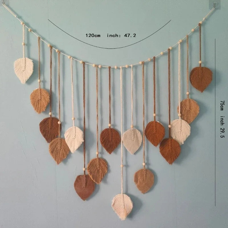 Boho Home Decoration, Macrame Tapestry Macrame Leaf Feather Wall Hanging Decor for Living Room Bedroom, Boho Wall Art Home Decor