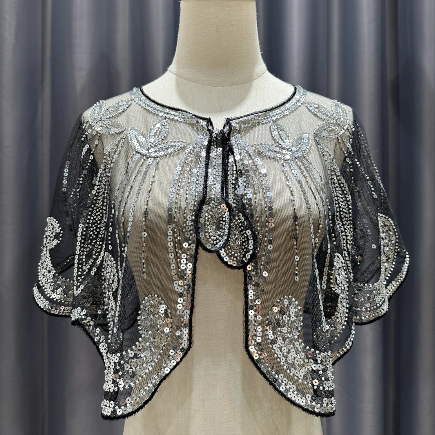 1920s Flapper Shawl with Sparkling Sequins & Lace Overlay - Black Vintage Polyester Mesh Evening Wrap for Weddings,