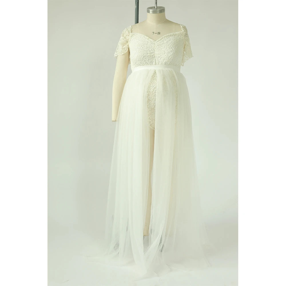 Maternity Photography Dresses Pregnancy Lace Bodysuit  Tulle Long Sides Slit With Flying Dress Pregnant Woman Photo Shoot Outfit