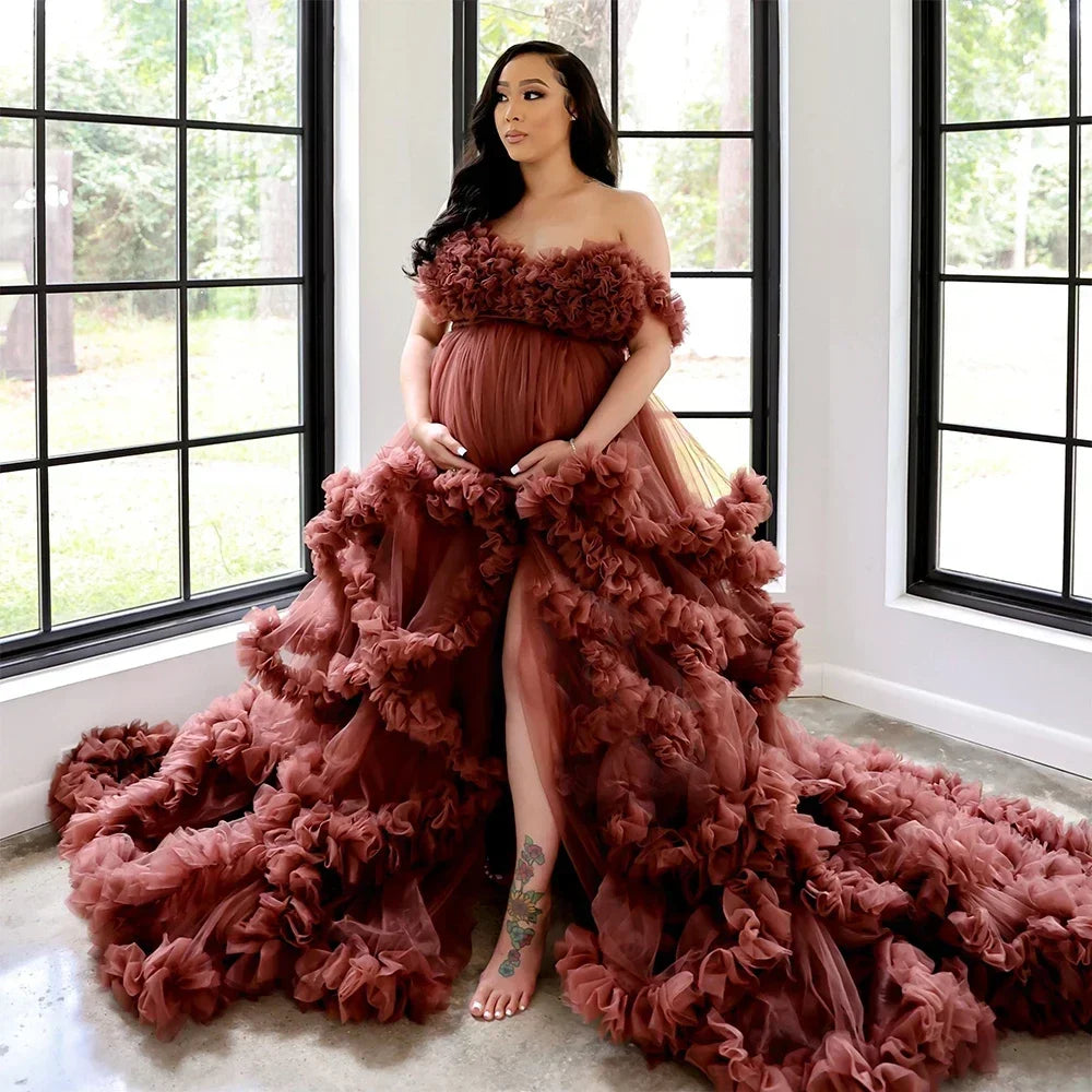 Maternity Dresses for Photoshoot Ruffles Tulle Pregnant Photo Gowns Baby Shower Off Shoulder Front Slit Bridal Sleepwear Robe