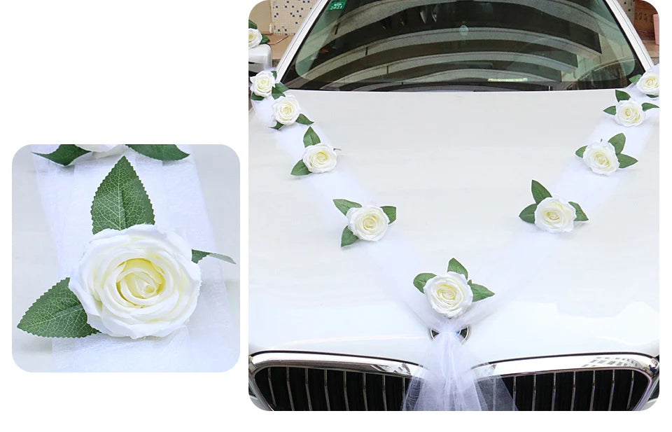 White Rose Artificial Flower for Wedding Car Decoration Bridal Car Decorations Door Handle Ribbons Silk Flower